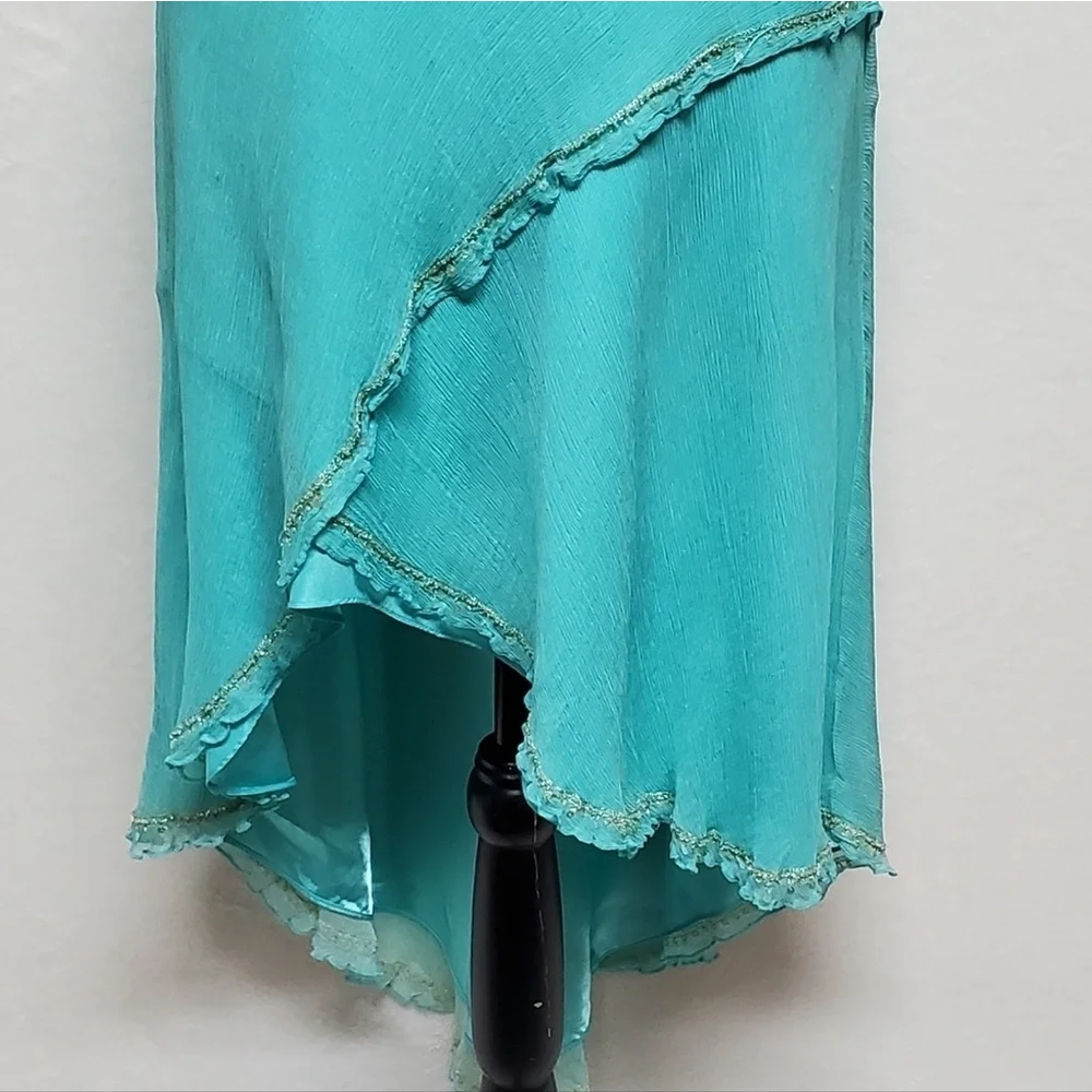 Vintage 90s Laundry by Shelli Segal Aqua Silk Chiffon Sequin T-Back Hi-low Dress - Picture 8 of 16